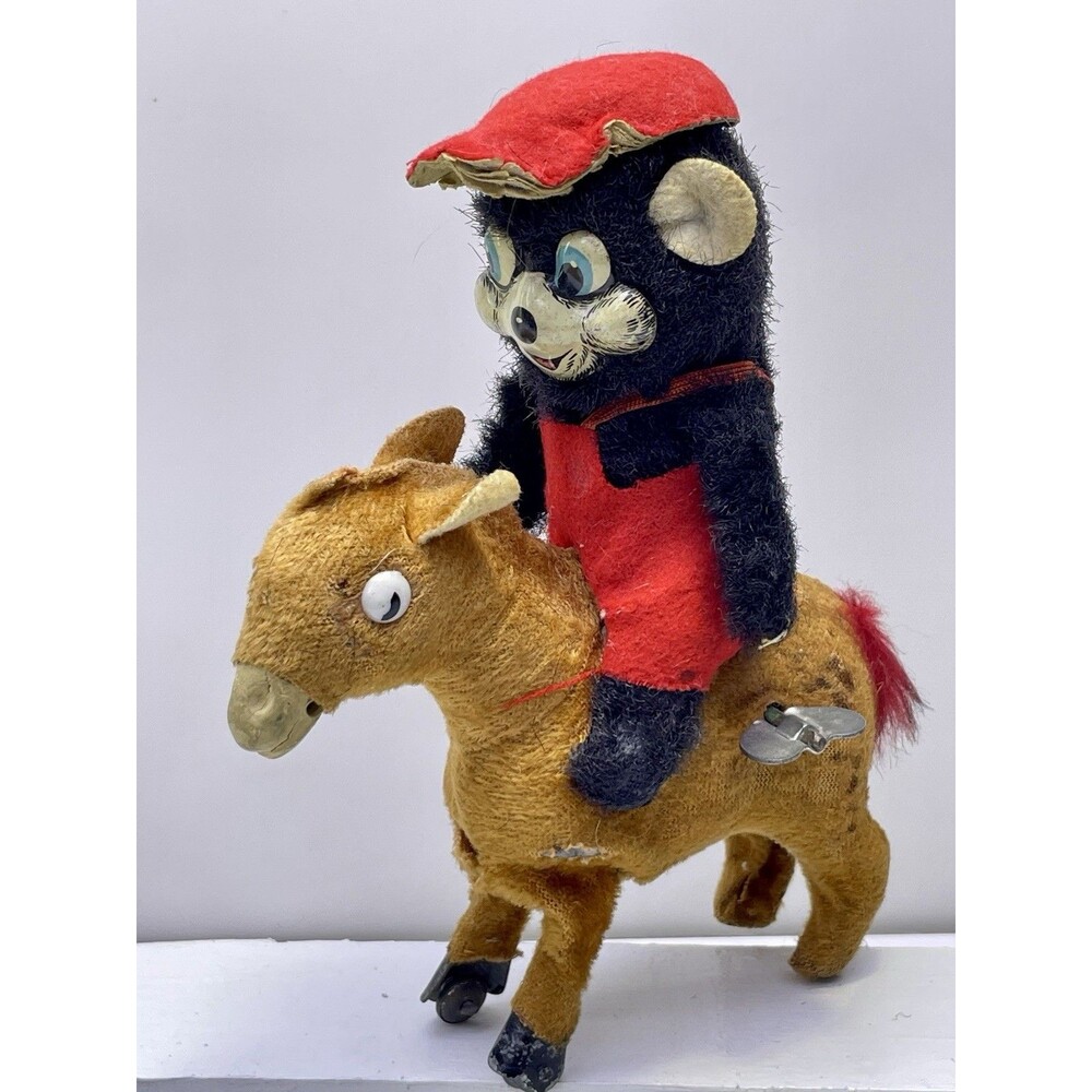 ALPS Vintage Wind Up Bear Riding Horse Plush Mechanical Wind Up Toy Japan
